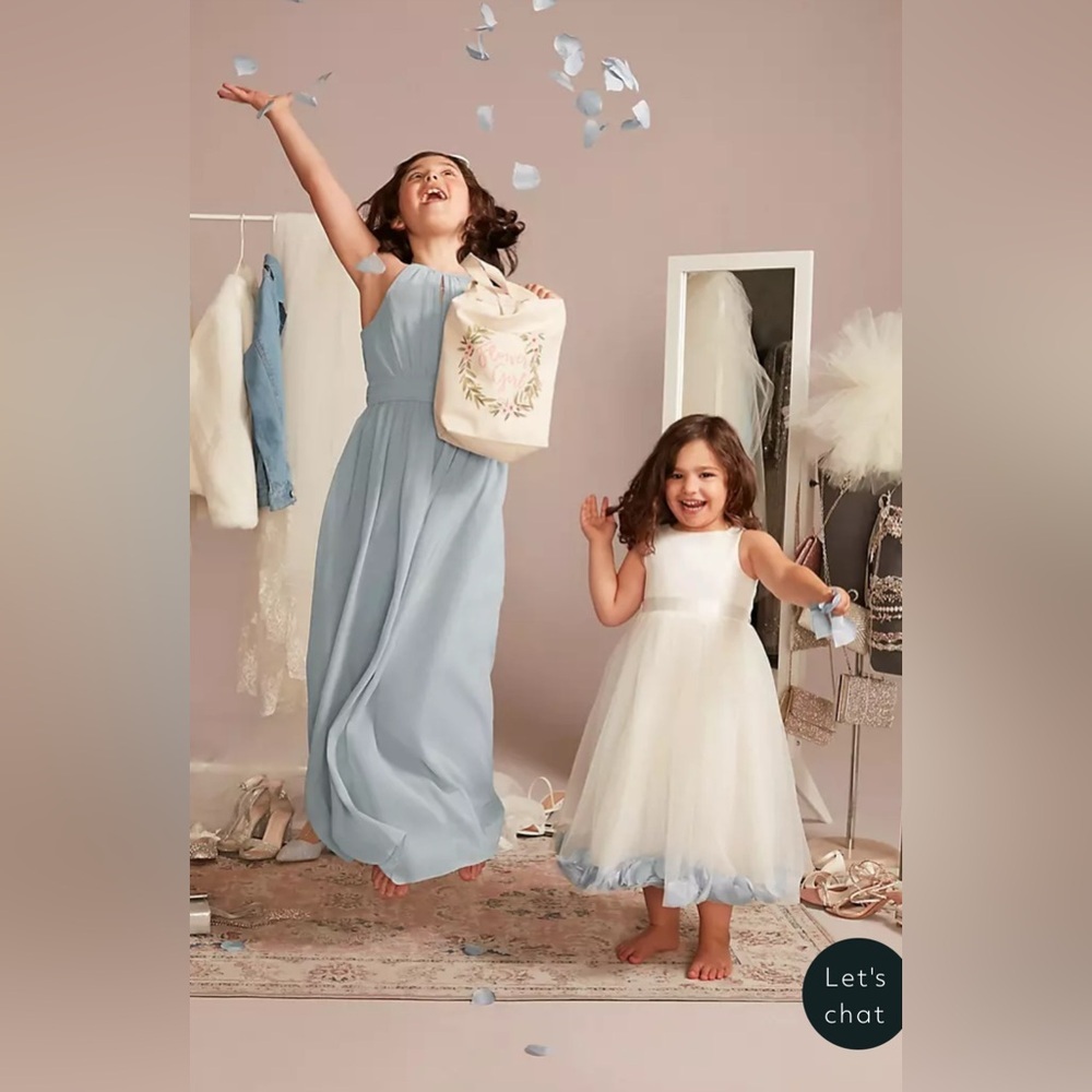 David’s Bridal Trapped Tulle White Blue Sz 14. Jr Bridesmaid or Flower Girl